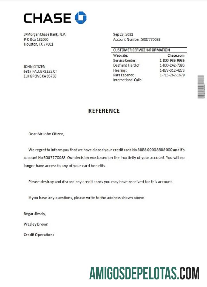 Referência de fechamento do Chase nos EUA modelo